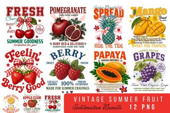 Download Vintage Summer Fruit Quotes PNG Bundle - Summer Collection