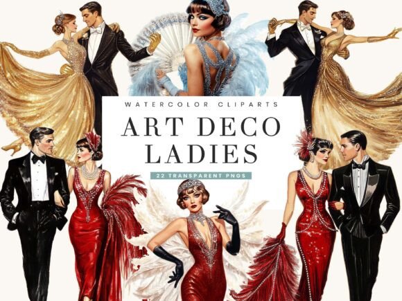 Download Watercolor Art Deco Ladies Clipart - Art deco Collection